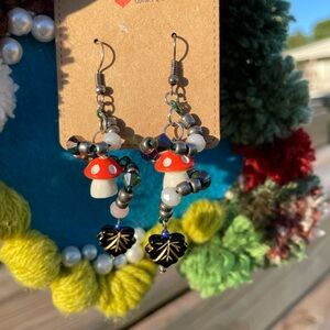 Handmade Spiral Mushroom Earrings with Leaf Accents